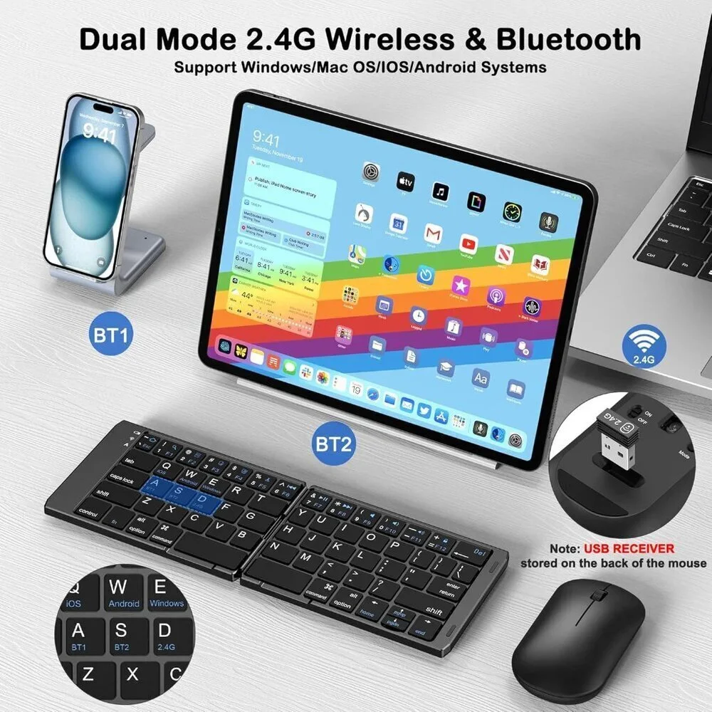 Foldable Wireless Keyboard & Mouse Combo – USB-C Rechargeable – New in Box